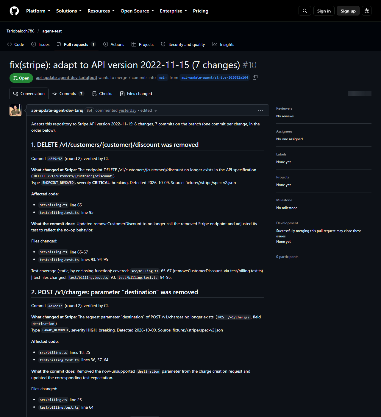 The draft pull request opened by API Update Agent on GitHub: one section per change with the commit, what changed at Stripe and the affected lines